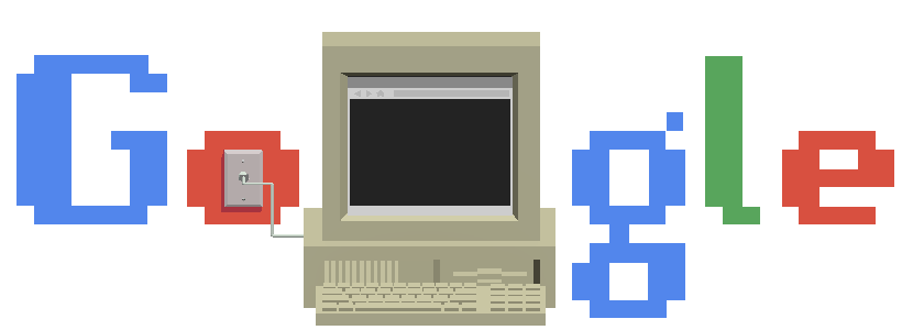 Google logo transformed to include an ethernet cable and port, early desktop computer, and pixelated font.
